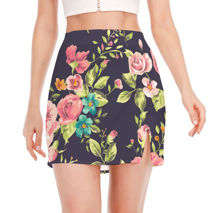Vintage Rose Floral Flower Pattern Print Side Slit Mini Skirt