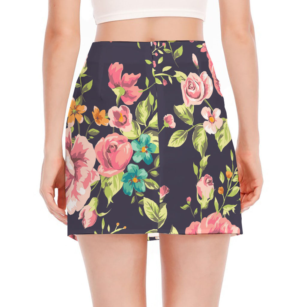Vintage Rose Floral Flower Pattern Print Side Slit Mini Skirt