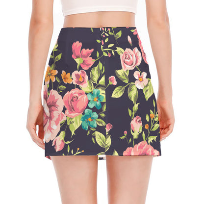Vintage Rose Floral Flower Pattern Print Side Slit Mini Skirt