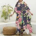 Vintage Rose Floral Flower Pattern Print Silk V-Neck Kaftan Dress