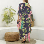 Vintage Rose Floral Flower Pattern Print Silk V-Neck Kaftan Dress