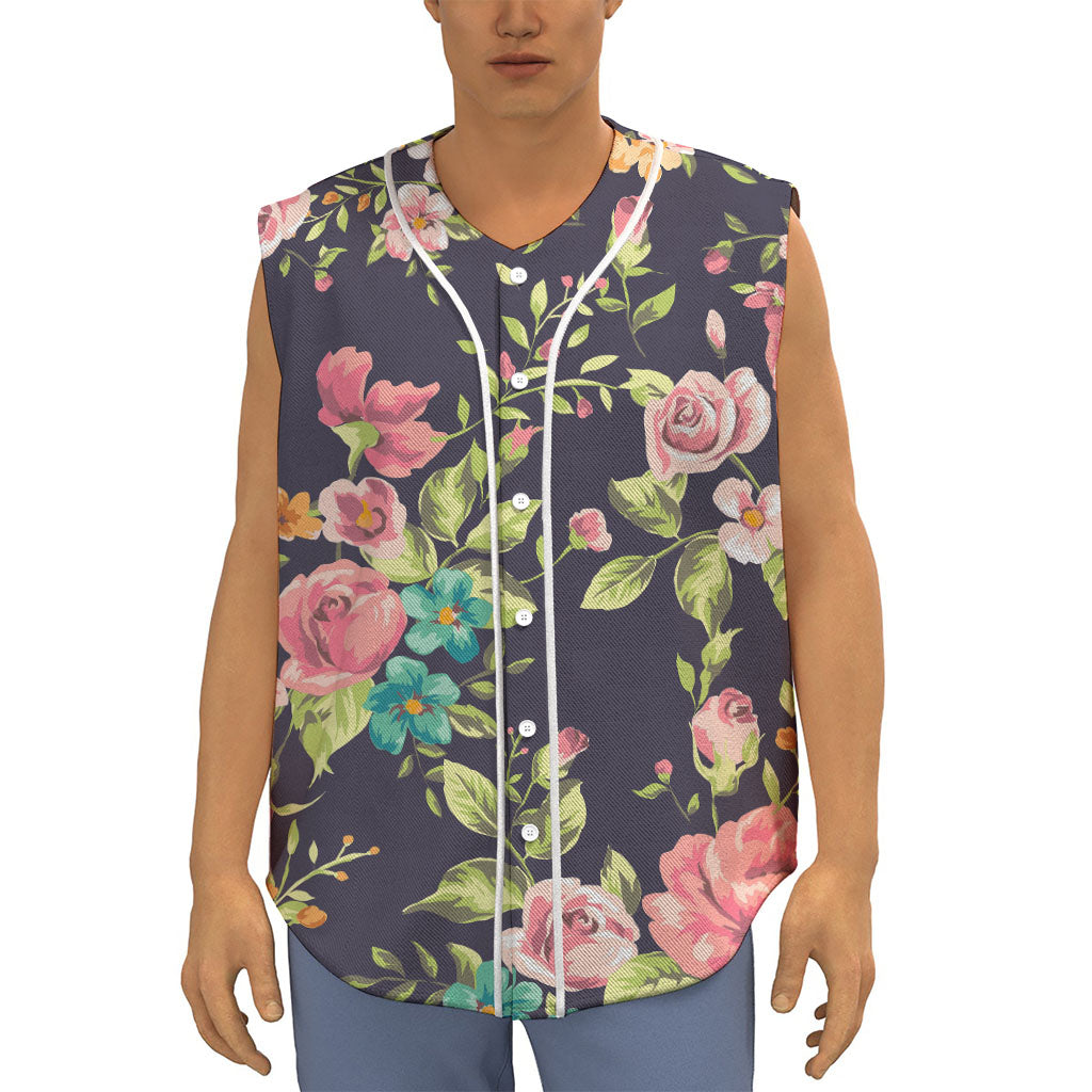 Vintage Rose Floral Flower Pattern Print Sleeveless Baseball Jersey