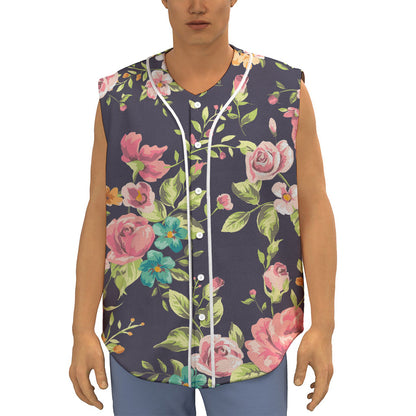 Vintage Rose Floral Flower Pattern Print Sleeveless Baseball Jersey