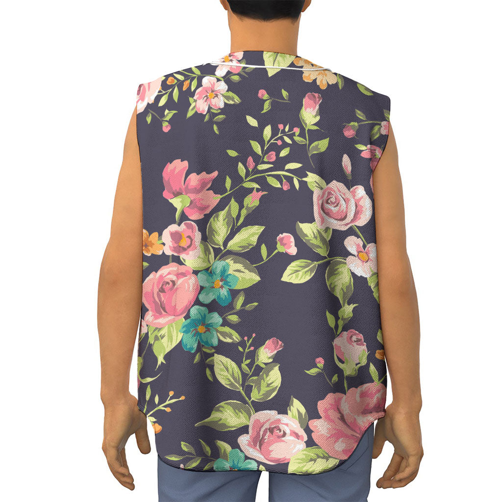 Vintage Rose Floral Flower Pattern Print Sleeveless Baseball Jersey