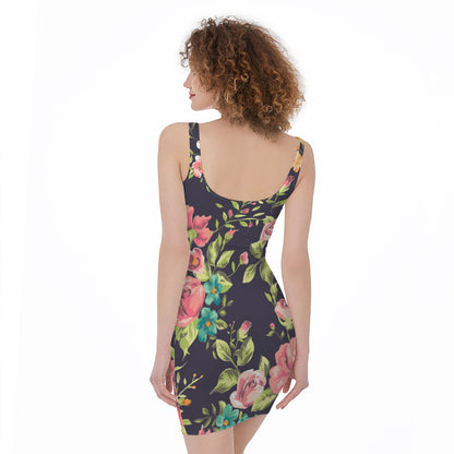 Vintage Rose Floral Flower Pattern Print Sleeveless Bodycon Dress