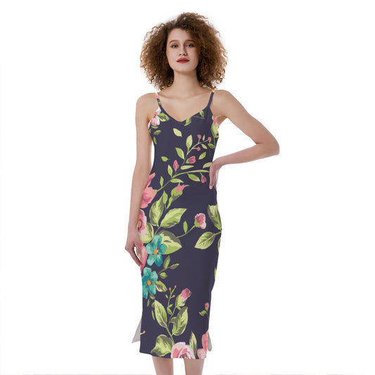 Vintage Rose Floral Flower Pattern Print Slim Fit Midi Cami Dress