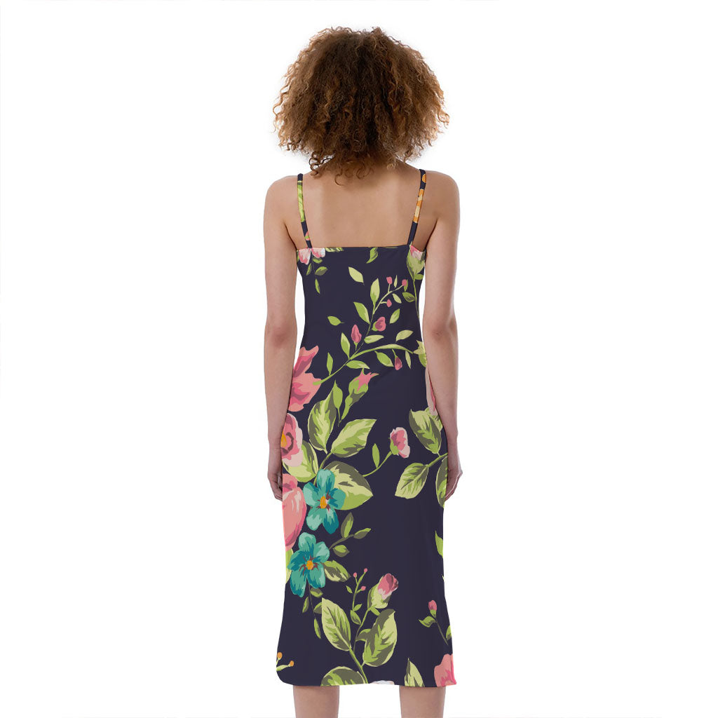 Vintage Rose Floral Flower Pattern Print Slim Fit Midi Cami Dress