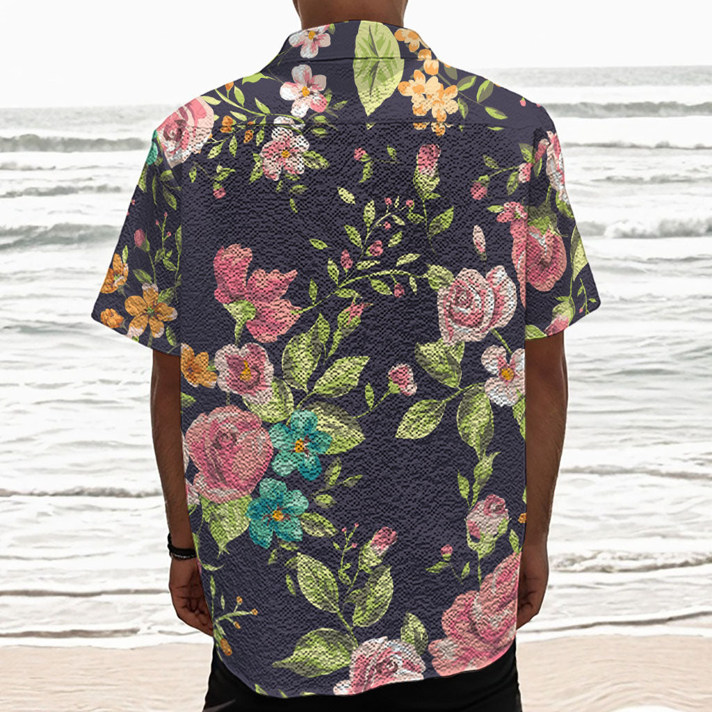 Vintage Rose Floral Flower Pattern Print Textured Short Sleeve Shirt