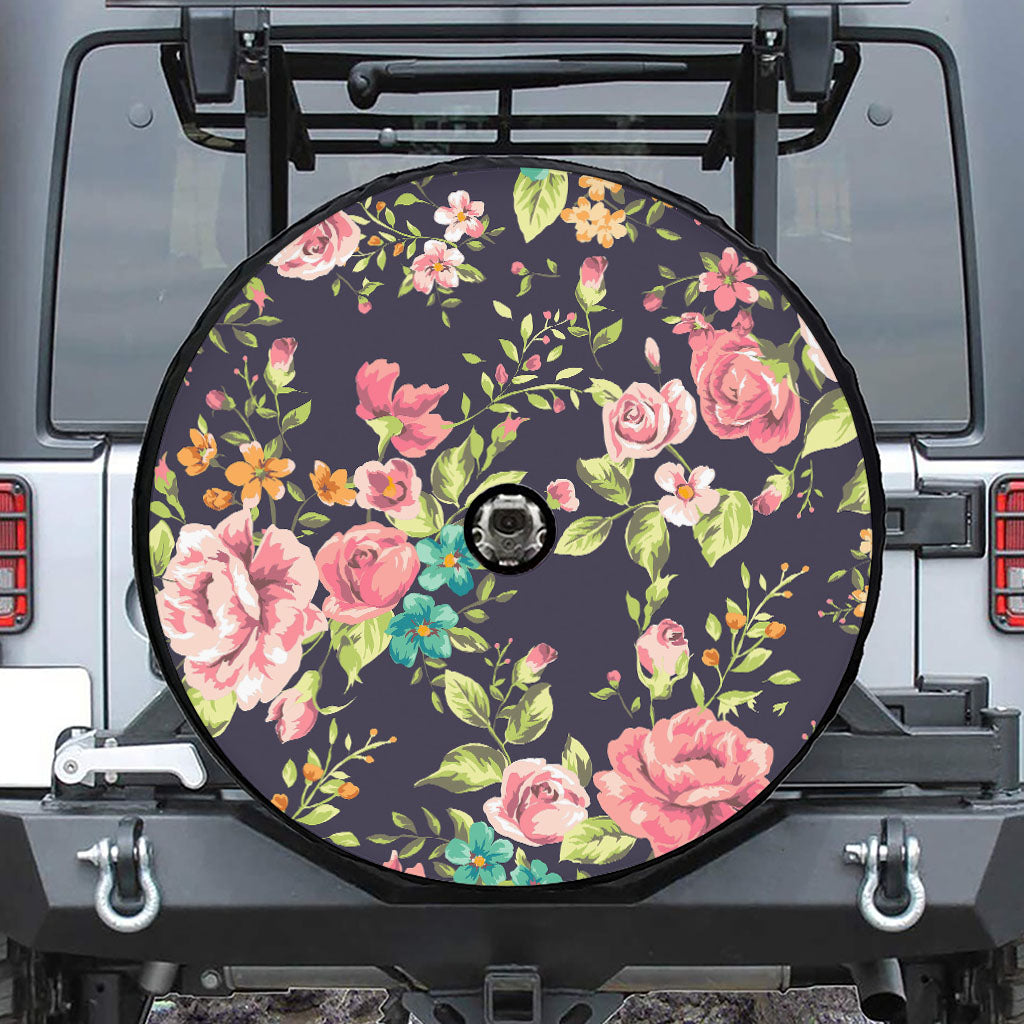 Vintage Rose Floral Flower Pattern Print Tire Cover With Camera Hole