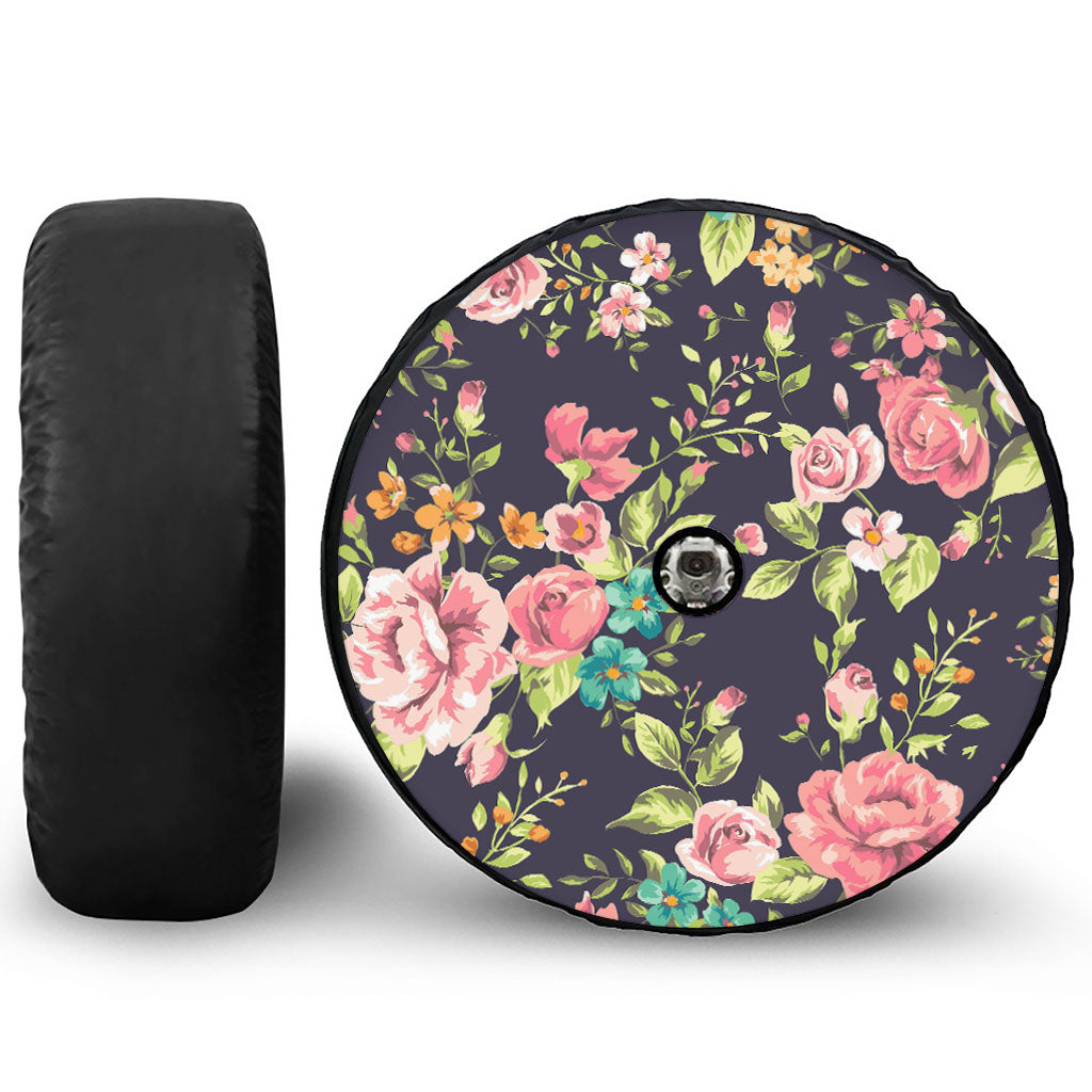 Vintage Rose Floral Flower Pattern Print Tire Cover With Camera Hole