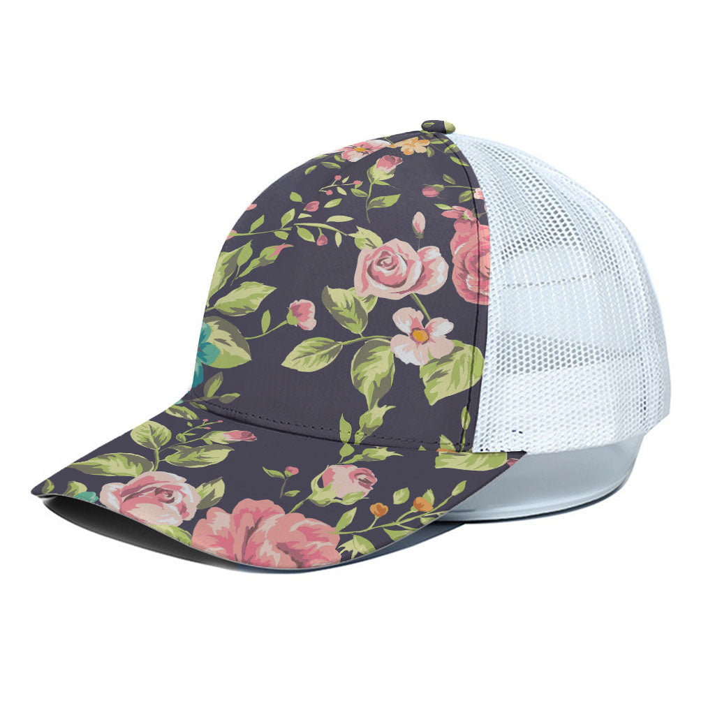 Vintage Rose Floral Flower Pattern Print White Mesh Trucker Cap