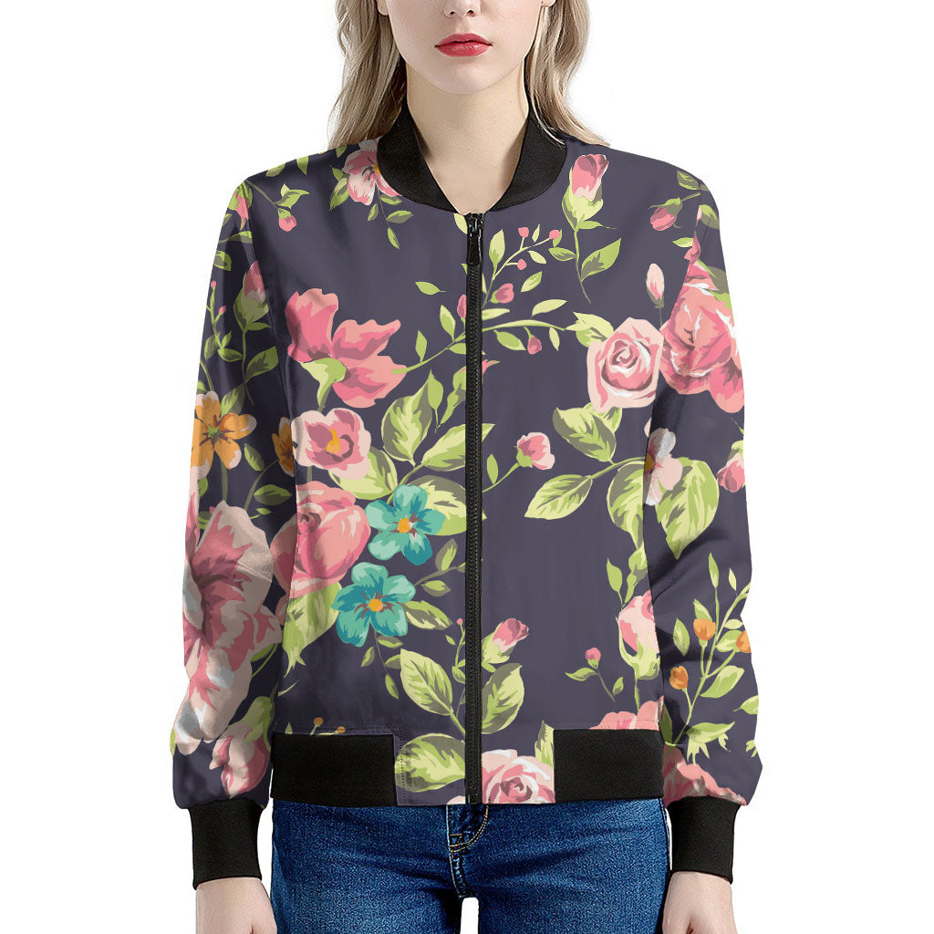 Vintage Rose Floral Flower Pattern Print Women's Bomber Jacket