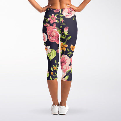Vintage Rose Floral Flower Pattern Print Women's Capri Leggings
