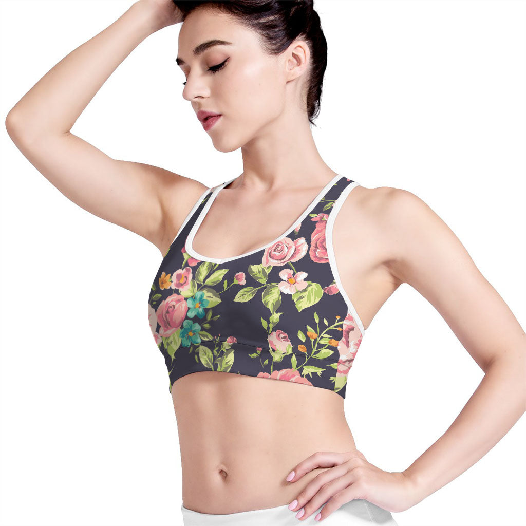 Vintage Rose Floral Flower Pattern Print Women's Sports Bra