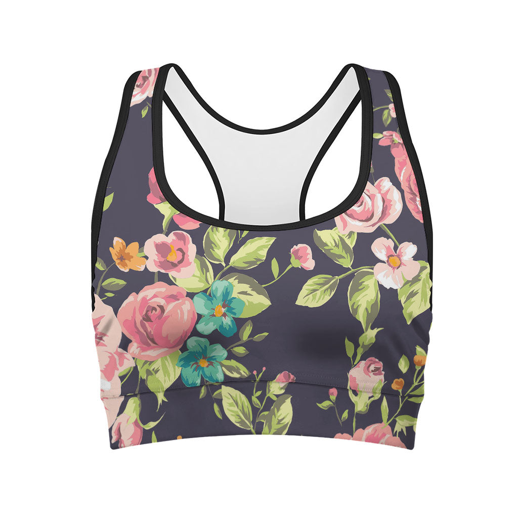 Vintage Rose Floral Flower Pattern Print Women's Sports Bra
