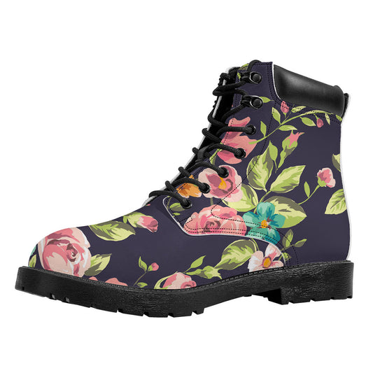 Vintage Rose Floral Flower Pattern Print Work Boots