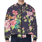 Vintage Rose Floral Flower Pattern Print Zip Sleeve Bomber Jacket