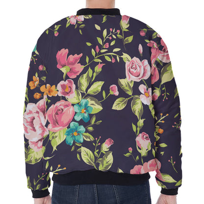Vintage Rose Floral Flower Pattern Print Zip Sleeve Bomber Jacket
