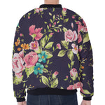 Vintage Rose Floral Flower Pattern Print Zip Sleeve Bomber Jacket