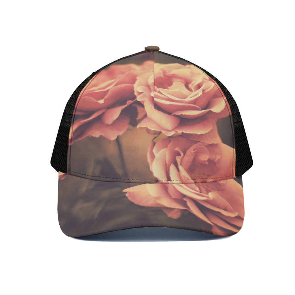Vintage Rose Print Black Mesh Trucker Cap