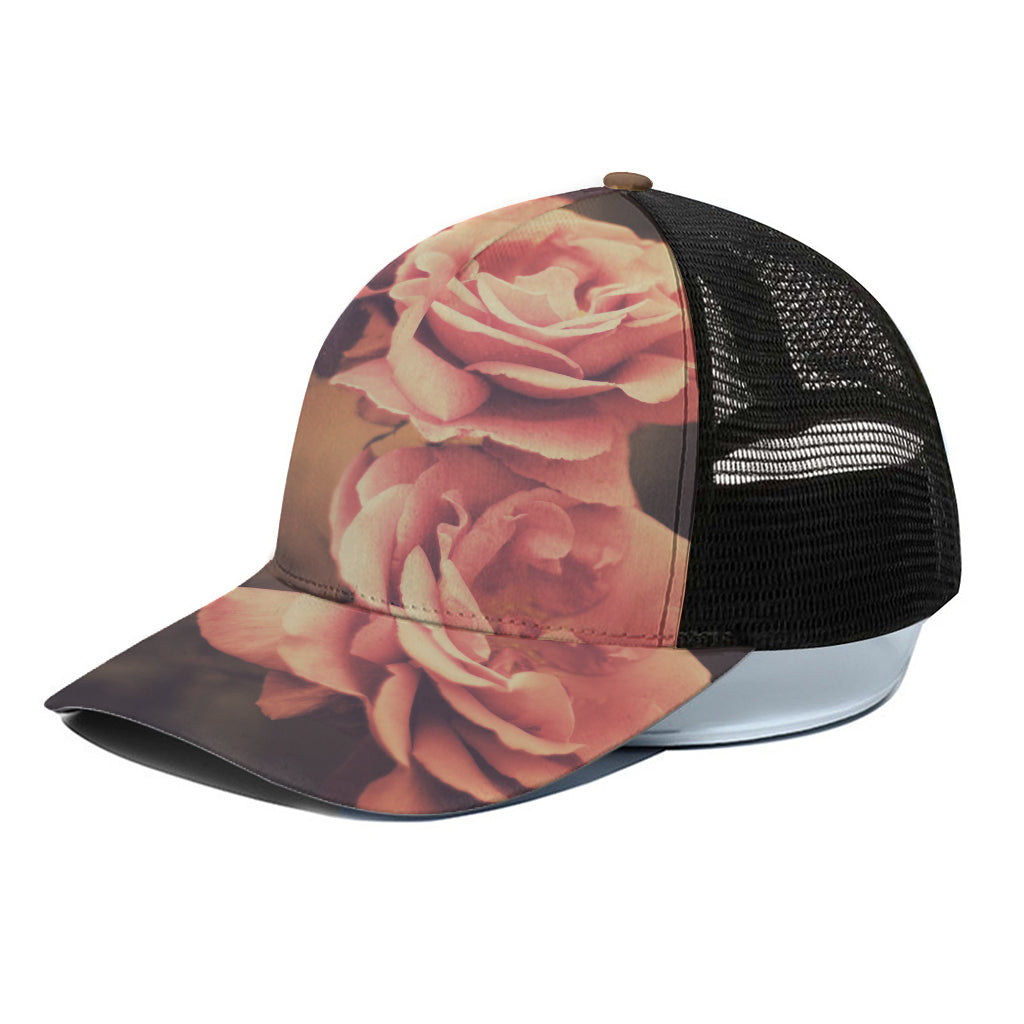 Vintage Rose Print Black Mesh Trucker Cap