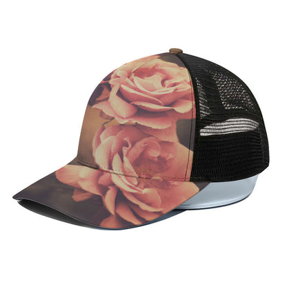 Vintage Rose Print Black Mesh Trucker Cap