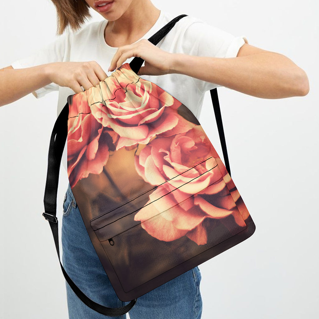 Vintage Rose Print Drawstring Backpack