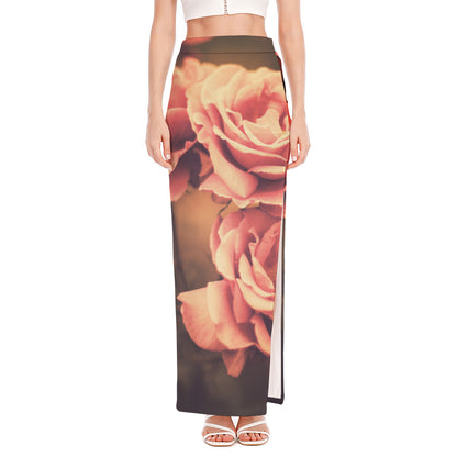 Vintage Rose Print High Slit Maxi Skirt