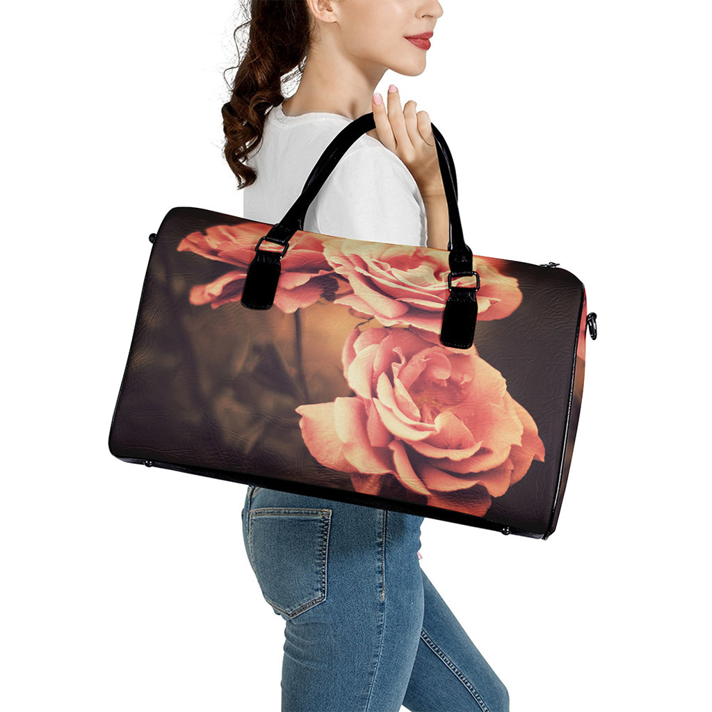 Vintage Rose Print Leather Duffle Bag