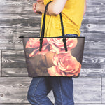 Vintage Rose Print Leather Tote Bag