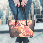 Vintage Rose Print Leather Tote Bag