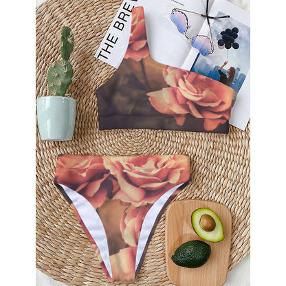 Vintage Rose Print One Shoulder Bikini Top