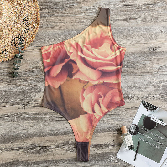 Vintage Rose Print One Shoulder Bodysuit