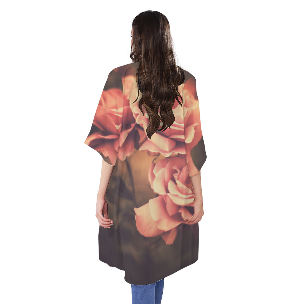 Vintage Rose Print Open Front Beach Cover Up