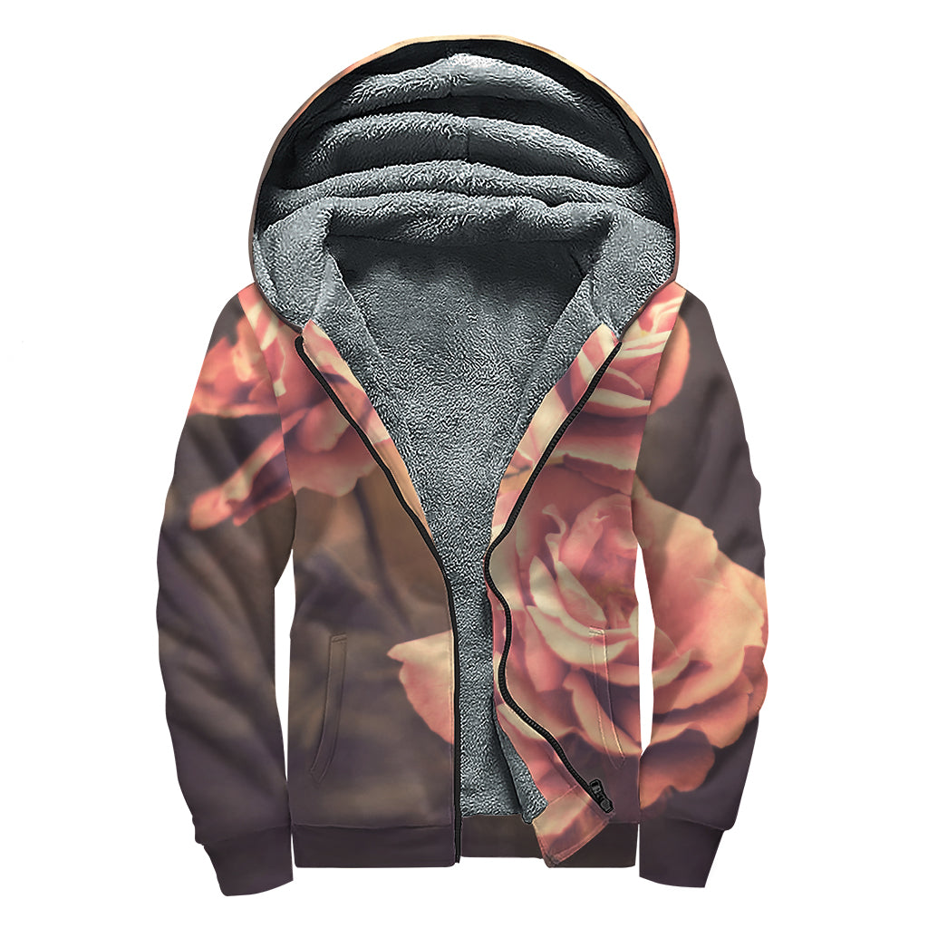 Vintage Rose Print Sherpa Lined Zip Up Hoodie