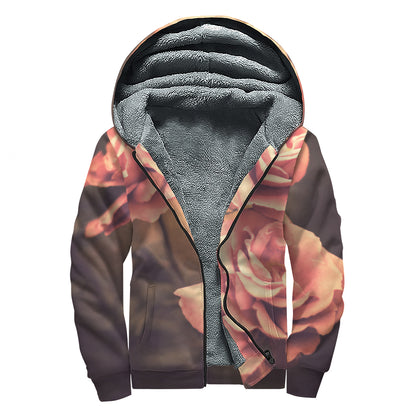 Vintage Rose Print Sherpa Lined Zip Up Hoodie
