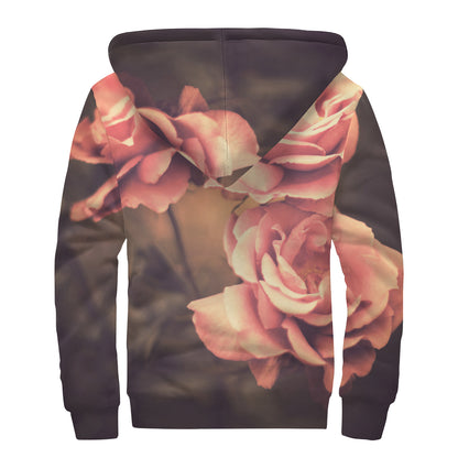 Vintage Rose Print Sherpa Lined Zip Up Hoodie