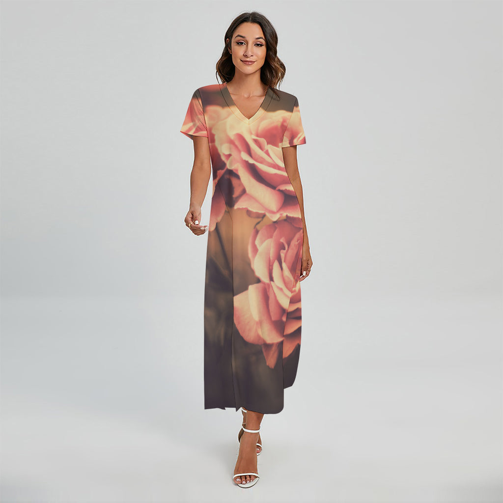 Vintage Rose Print Short Sleeve Maxi Dress
