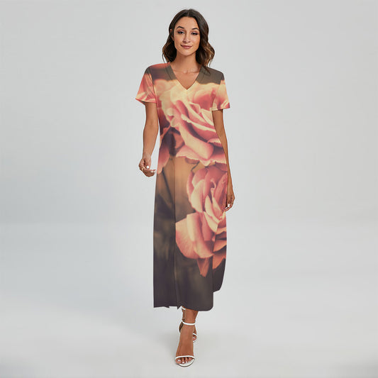 Vintage Rose Print Short Sleeve Maxi Dress