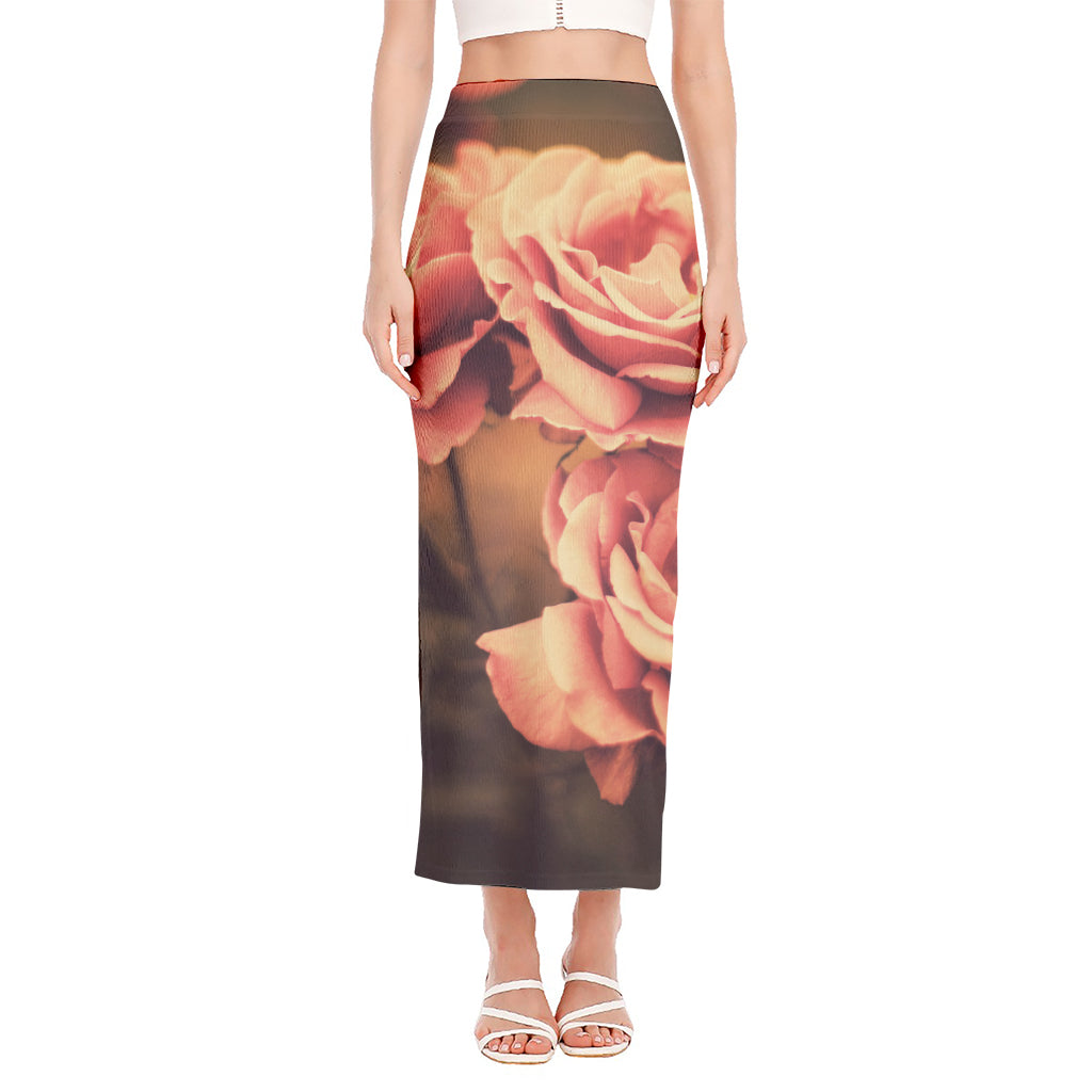 Vintage Rose Print Side Slit Maxi Skirt