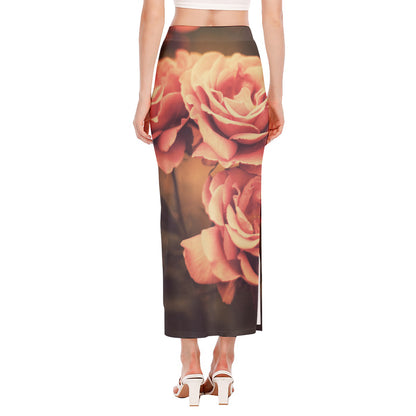 Vintage Rose Print Side Slit Maxi Skirt