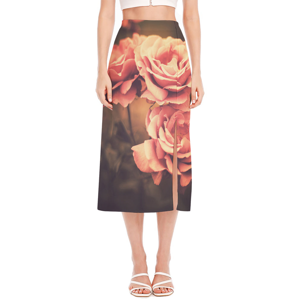 Vintage Rose Print Side Slit Midi Skirt