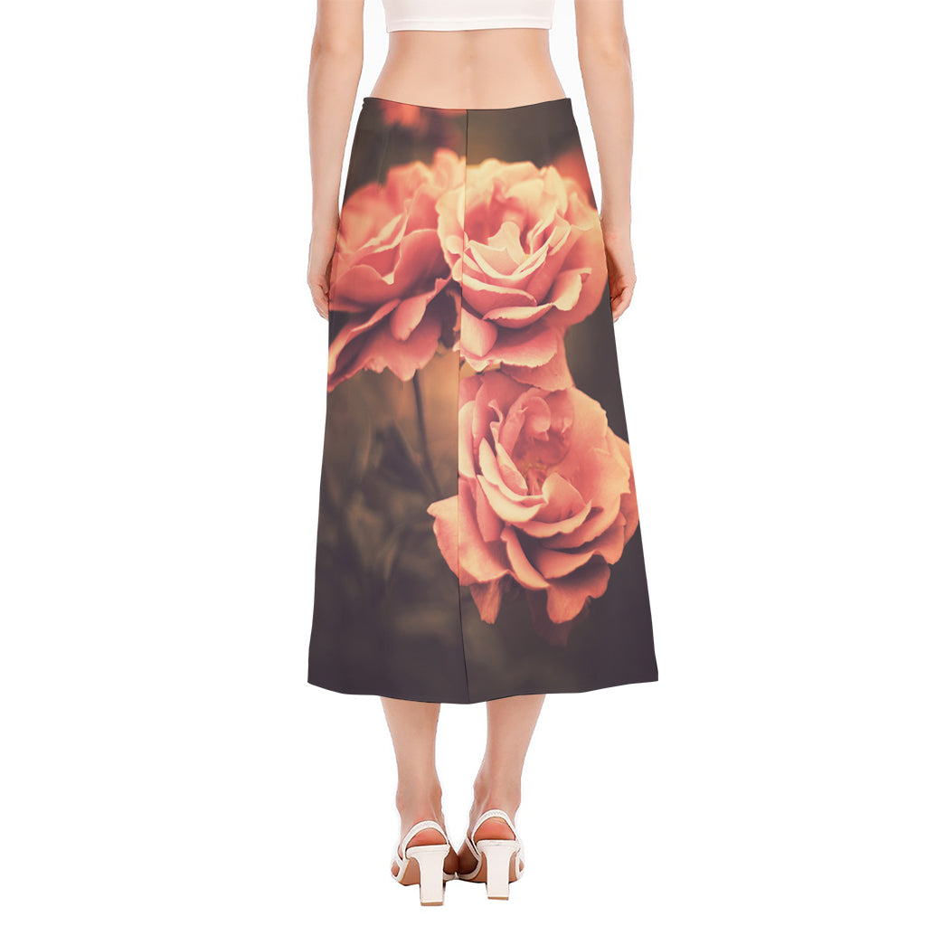 Vintage Rose Print Side Slit Midi Skirt