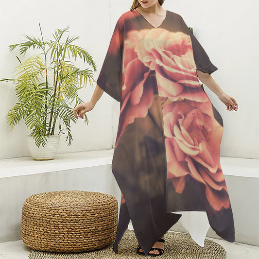Vintage Rose Print Silk V-Neck Kaftan Dress