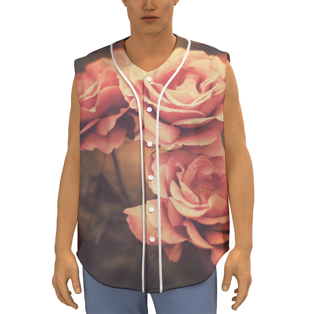 Vintage Rose Print Sleeveless Baseball Jersey