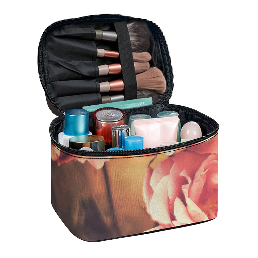 Vintage Rose Print Travel Makeup Bag