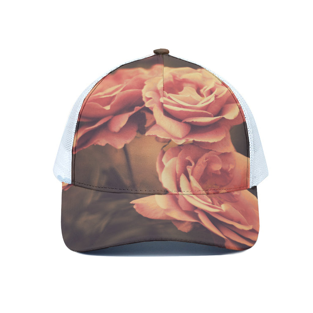 Vintage Rose Print White Mesh Trucker Cap