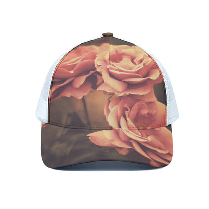 Vintage Rose Print White Mesh Trucker Cap