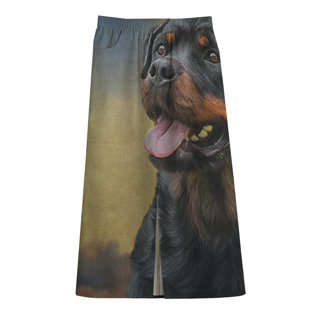 Vintage Rottweiler Portrait Print Cotton Front Slit Maxi Skirt