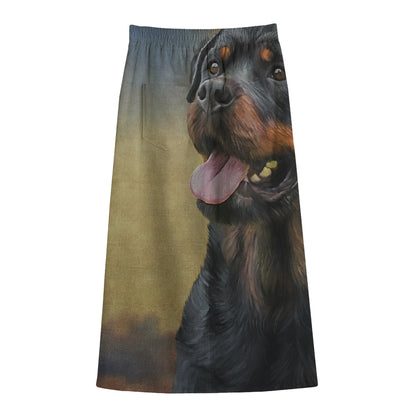 Vintage Rottweiler Portrait Print Cotton Front Slit Maxi Skirt